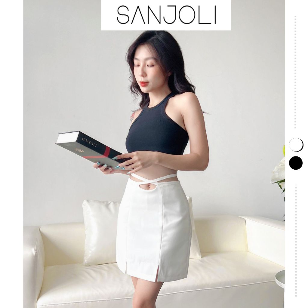 Chân váy chữ a Sanjoli nữ dáng ngắn cạp cao ôm eo đan chéo cột dây xẻ tà phong cách sexy tôn dáng CV008
