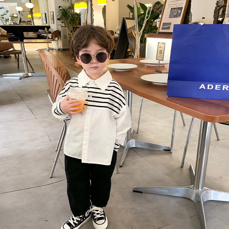 ÁO SƠ MI TRẮNG ĐEN KẺ SỌC NGANG PHONG CÁCH HÀN QUỐC CHO BÉ TRAI - CỐM KIDS NT
