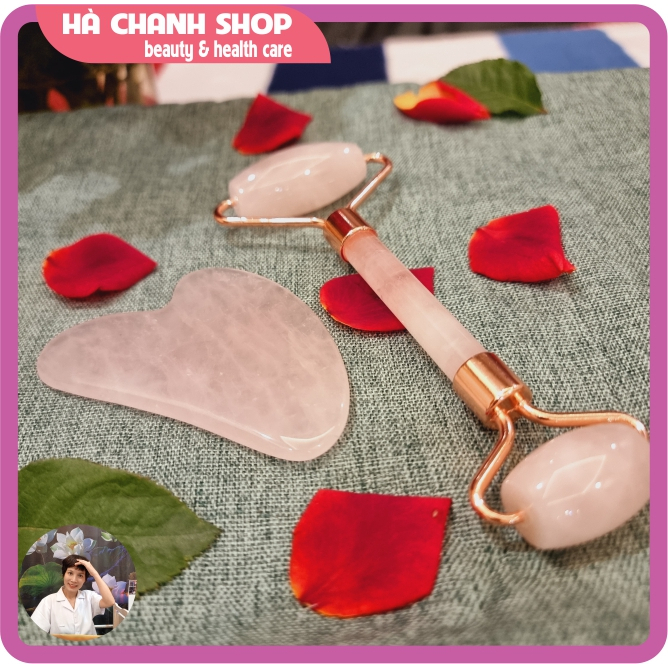 Cây Lăn Massage Mặt Đá Thạch Anh Hồng Hai Đầu Mát Xa Mặt Mắt Dụng Cụ Spa Đẩy Tinh Chất Dưỡng Sinh Chăm Sóc Da