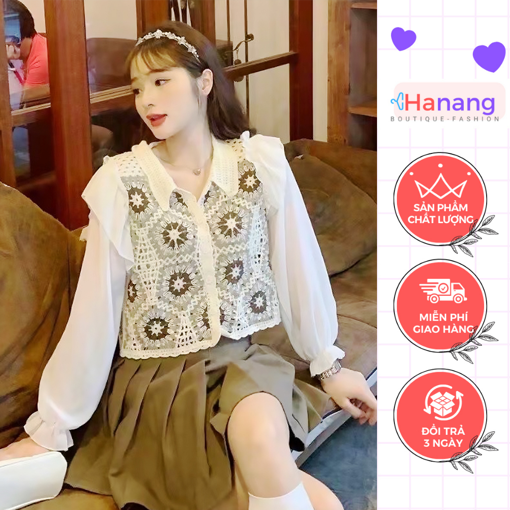 Áo len chiffon đan móc cổ bẻ kiểu dáng tiểu thư phối tay voan bồng phong cách Hàn Quốc - Hanang Boutique