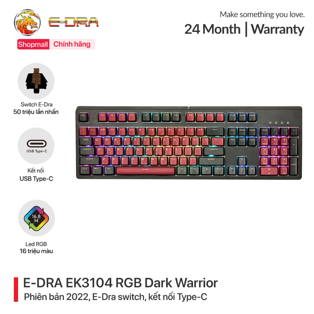 Bàn phím cơ chơi game có dây E-DRA EK3104 RGB Dark Warrior - Bản 2022 - Led RGB - E-Dra Switch - Cáp TypeC