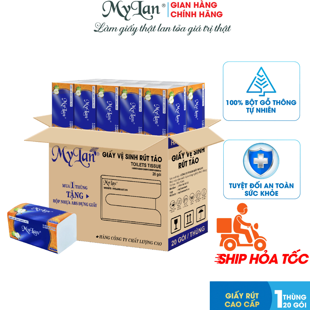 THÙNG 20 gói, Giấy Vệ Sinh cao cấp Mylan Táo xanh 3 lớp, 100 tờ/gói