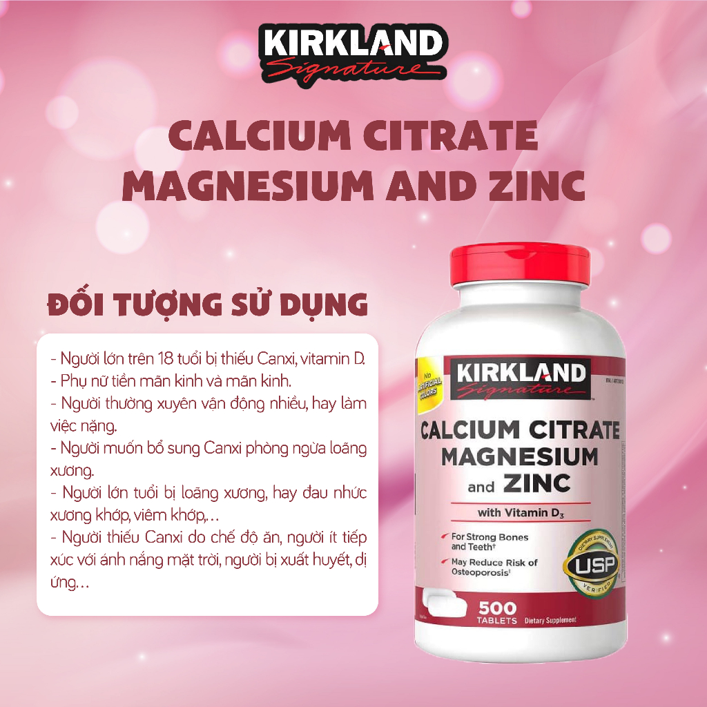 Viên uống bổ sung canxi, magie, zinc cho người lớn Kirkland Signature Calcium Citrate Magnesium And Zinc 500mg 500 viên