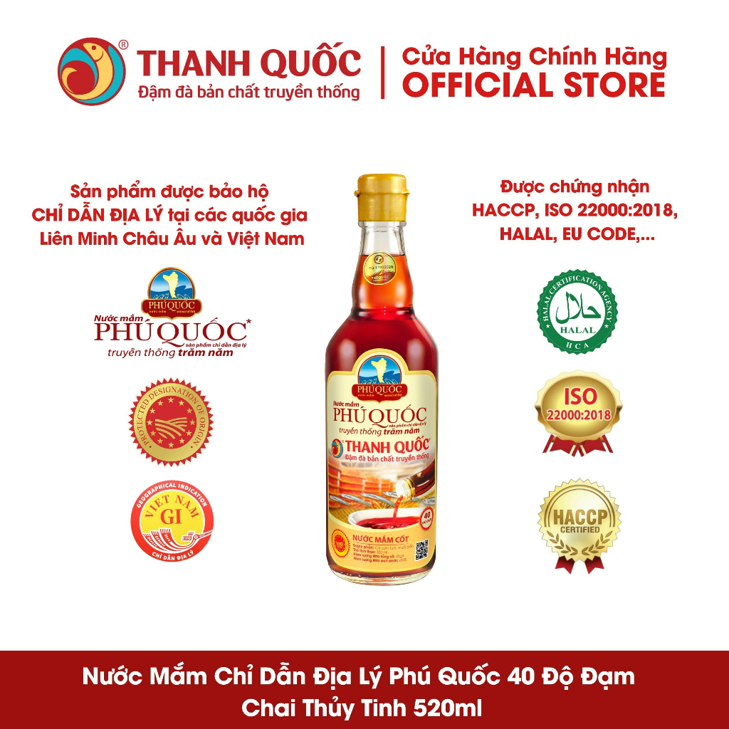 Nước Mắm Chỉ Dẫn Địa Lý Phú Quốc - Thanh Quốc 40N, chai thủy tinh 520ml