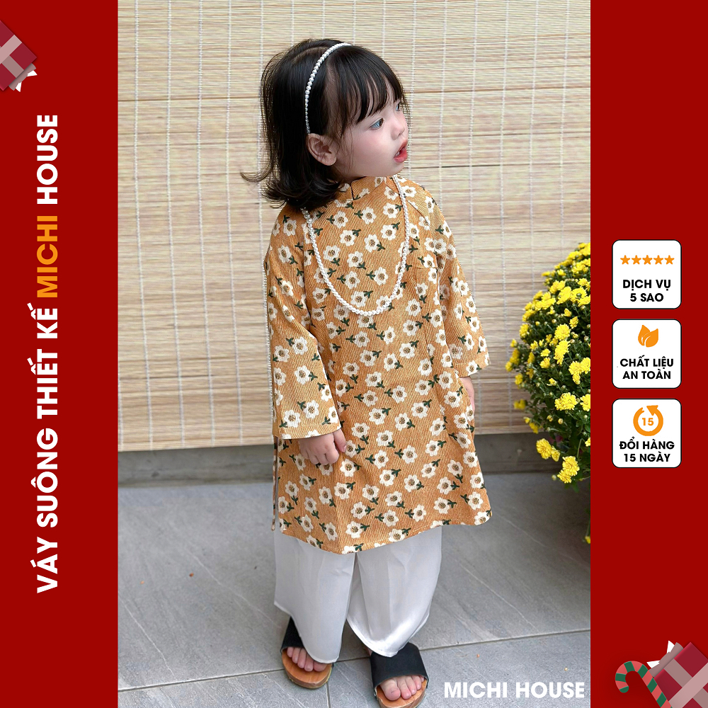 Set Áo Dài Bé Gái Dáng Suông Michi House Váy Xuông Truyền Thống Mặc Lễ Tết Cho Bé Mặc An Toàn Cho Da ADB2