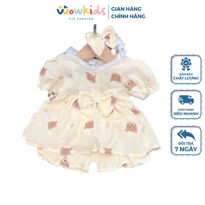 Đồ Bộ Cộc Tay Cho Bé Gái WOWKIDS Chất Vải Cao Cấp Xô Muslin Kèm Tuban Họa Tiết Đáng Yêu Từ 6-12kg