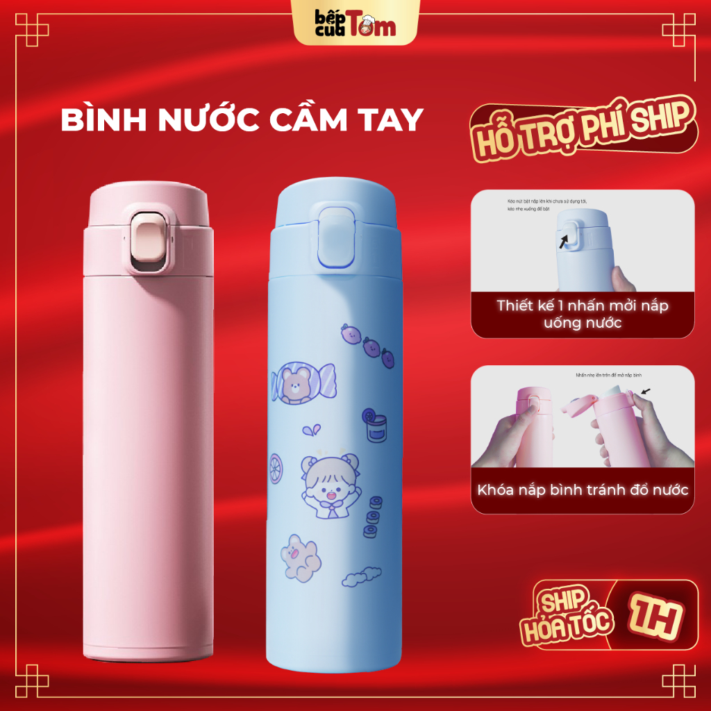 Bình Nước Mini Chất Liệu Inox 304 5 Lớp Giữ Nhiệt Dung Tích 450ml 2 Màu Xanh Hồng Cầm Tay Dễ Dàng Đi Kèm Sticker Cute