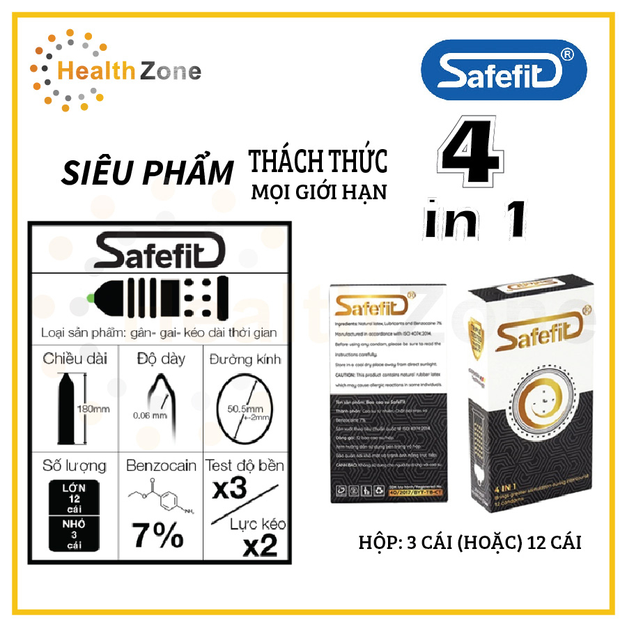 Bao cao su SafeFit - 4in1 (Gân-Gai-Cổ Thắt-Kéo Dài Thời Gian QH)