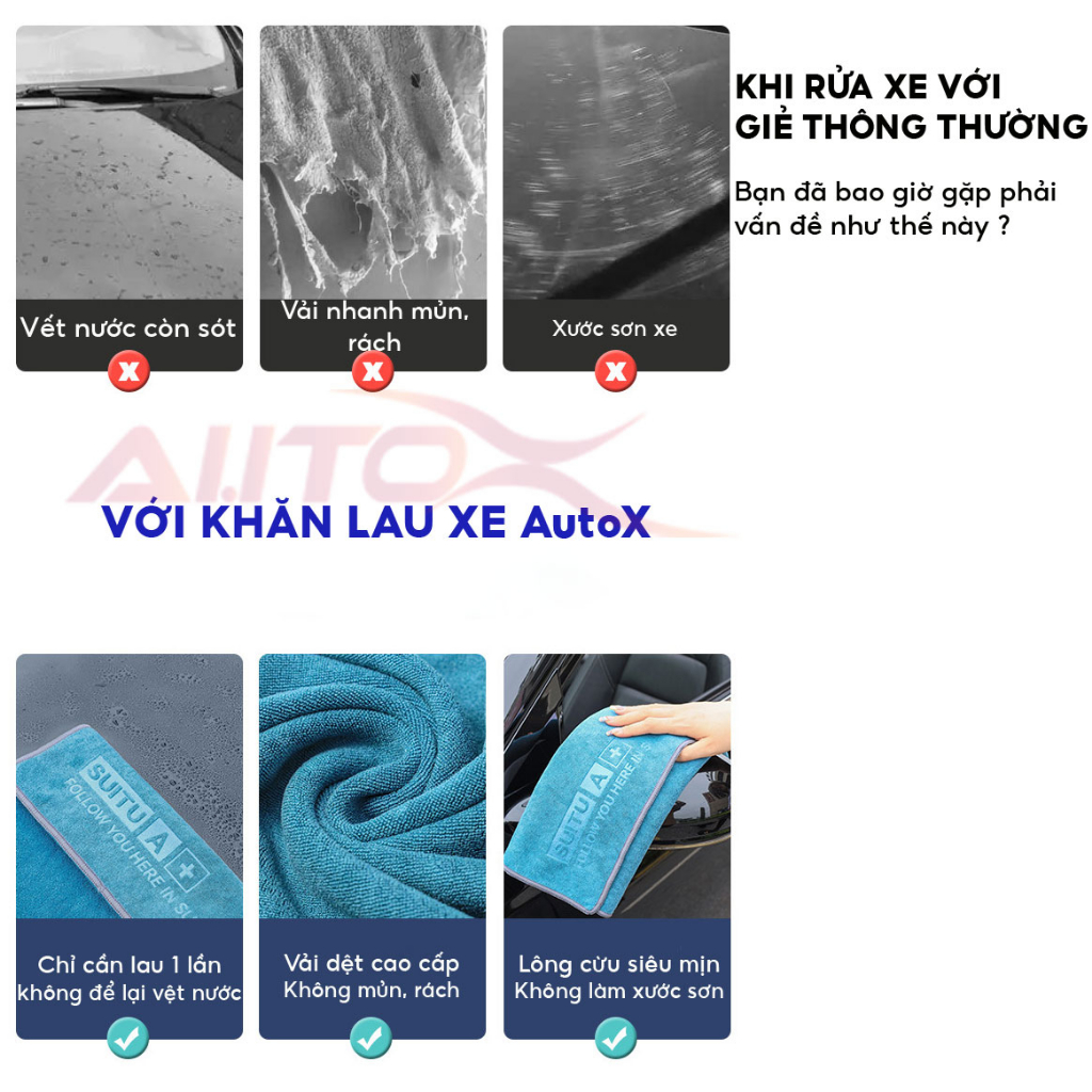 Khăn lau xe ô tô chuyên dụng AutoX vải lông cừu thâm hút và chống xước sơn xe cực tốt