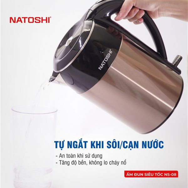 Ấm siêu tốc, bình đun nước siêu tốc Natoshi N08, inox 304 siêu bền, công suất 1800W, bảo hành 12 tháng