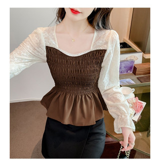 Áo sơ mi, áo kiểu nữ phối ren hoa cổ vuông bo chun ngực eo dáng ngắn xòe croptop hot trend Đông xuân 2023