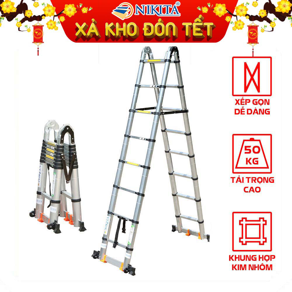 Thang nhôm rút đôi chữ A, có bánh xe di chuyển, nhiều kích thước lựa chọn NIKITA