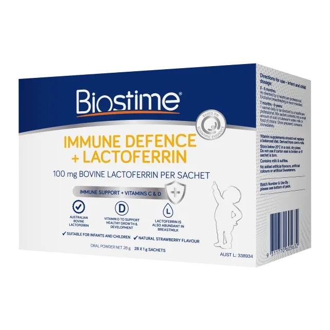 Biostime Immune Defence + Lactoferrin, tăng cường đề kháng, hương dâu hộp 28 gói 2g
