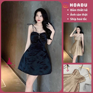   Ảnh + video thật  Hàng cao cấp Đầm xòe 2 dây dự tiệc xếp nơ ngực kết ngọc sang chảnh 