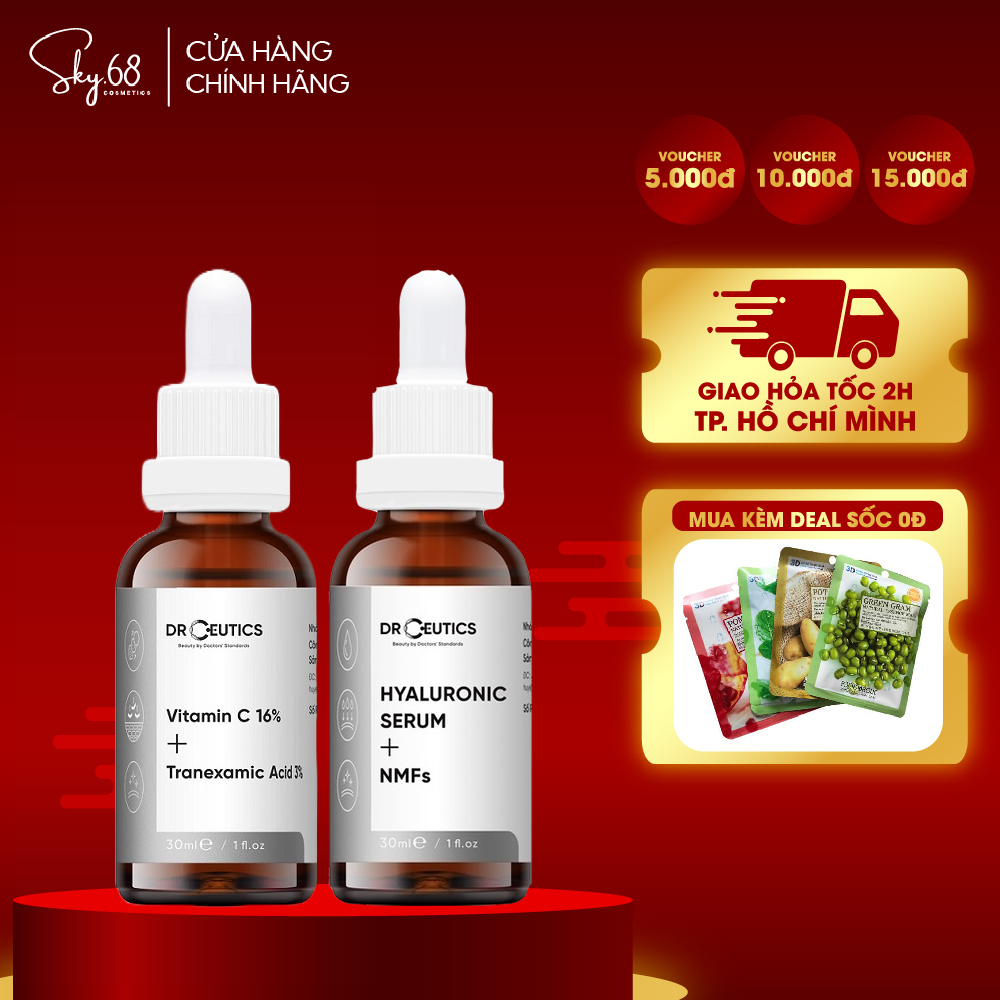 Combo 2 Sản Phẩm Giúp Giảm Nếp Nhăn, Cải Thiện Độ Đàn Hồi Da DrCeutics 30ml (HA + NMFs, Vitamin C)