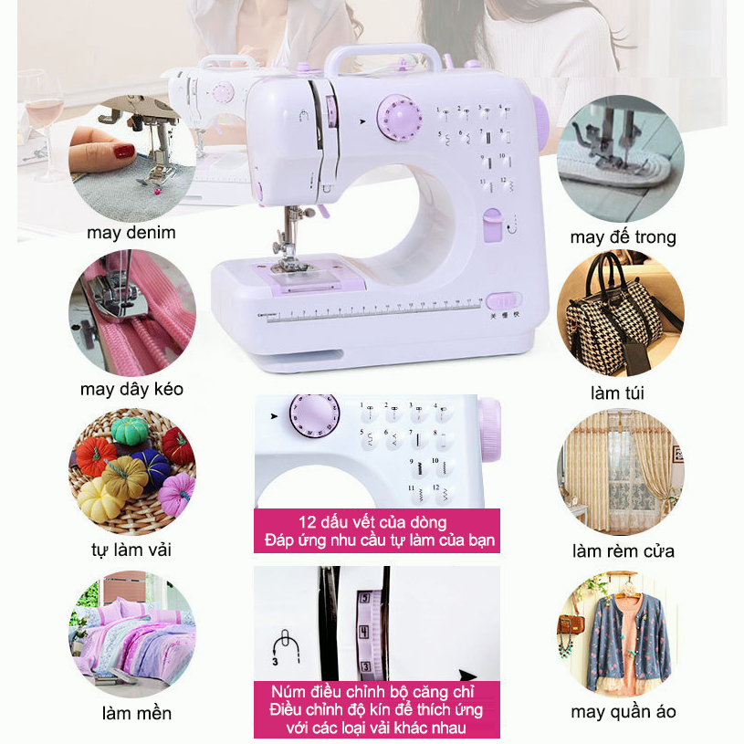 Máy May Mini Gia Đình 12 Đường May, Có Vắt Sổ, May Được Vải Thun Kèm Chân Vịt , Máy may gia dụng mini hai dây tốc độ đa năng