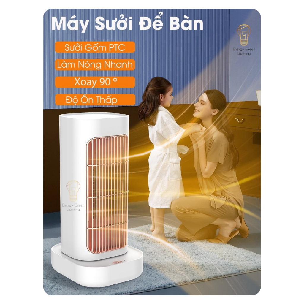 Máy Sưởi Để Bàn Energy Green Lighting MS-MR10, Quạt Sưởi Mini - Công Nghệ Sưởi Gốm PTC Ceramic - Xoay 90 Độ