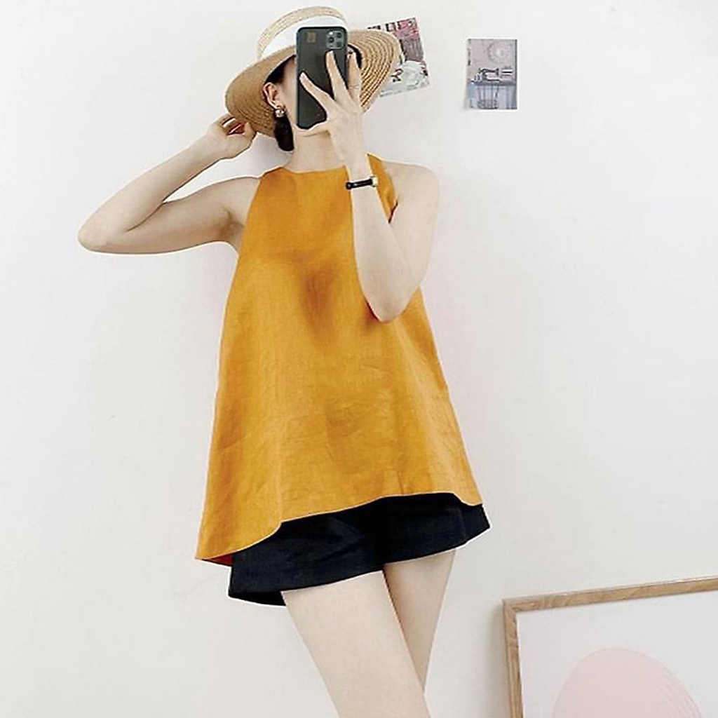 (TỔNG KHO LÂM ANH CHUYÊN SỈ) Áo kiểu dáng yếm khoét sâu hở lưng cúc bọc + Quần short Linen thô nhập Hàn cao cấp