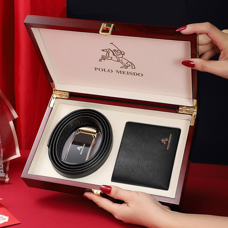 Bộ quà tặng lịch lãm cho nam thắt lưng nam, ví da nam thương hiệu Polo Meisdo TV05, kèm hộp gỗ cao cấp