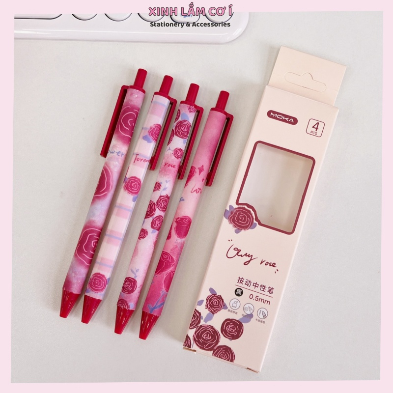 Sét 4 bút  Moka mực Gel Đen 0.5mm in hình hoa xinh xắn