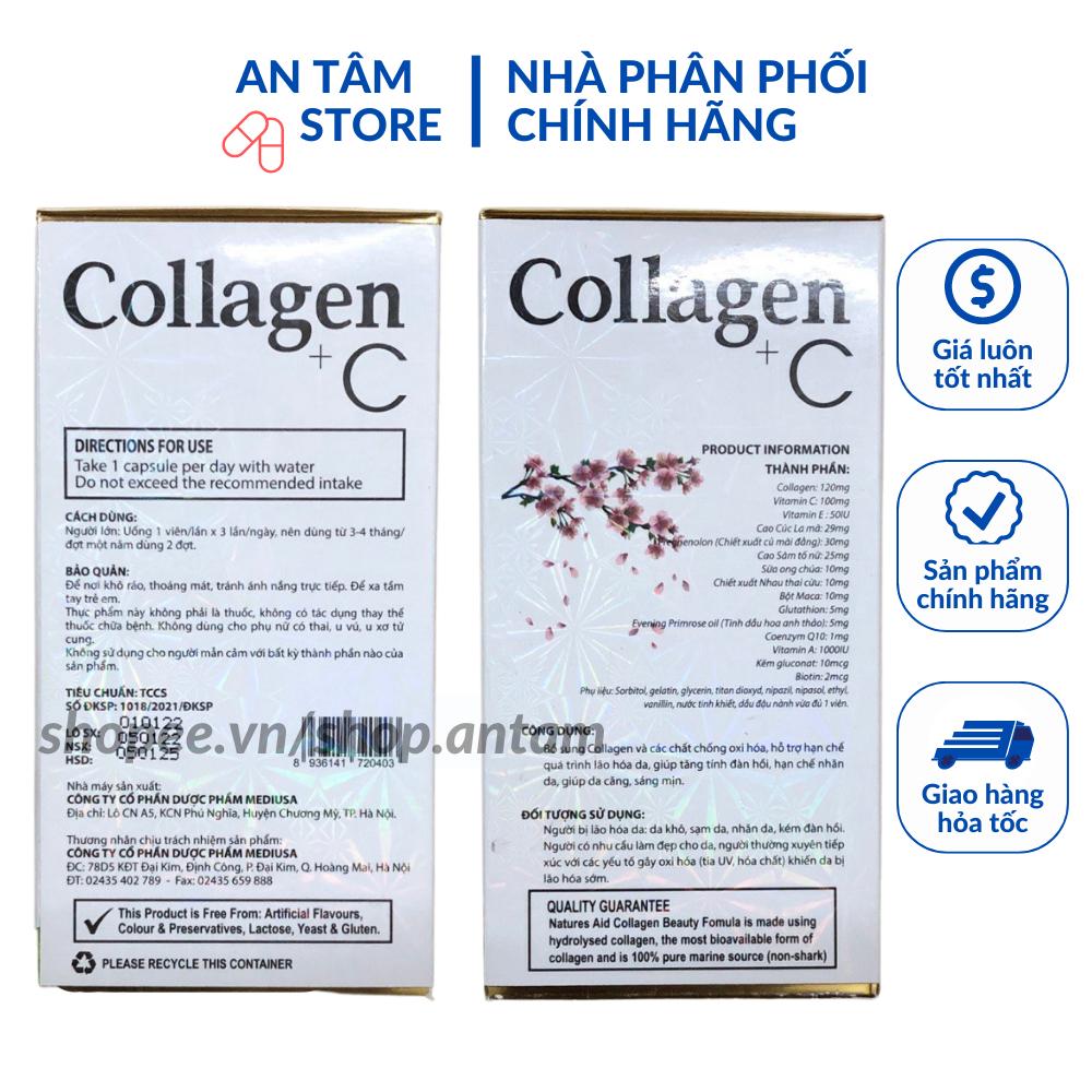 Viên uống đẹp da Collagen +C bổ sung Vitamin A E C giảm nám sạm da Hộp 60 viên