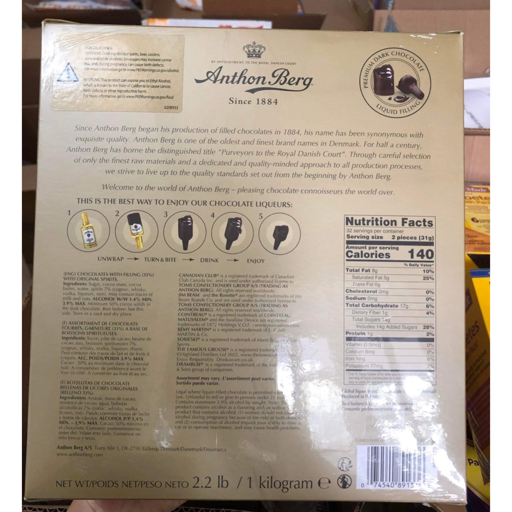 ￼Sô cô la 64 chai Anthon Berg A Selection of Liquor-Filled Dark Chocolates 1kg -  Mỹ