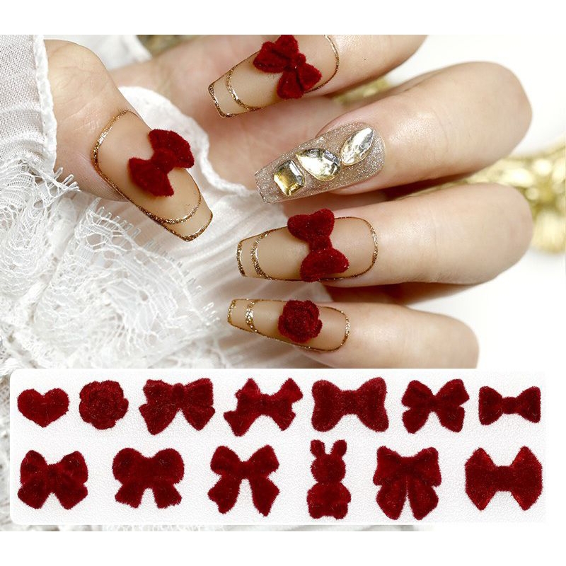 Charm nơ nhung màu đỏ đô gắn móng tay