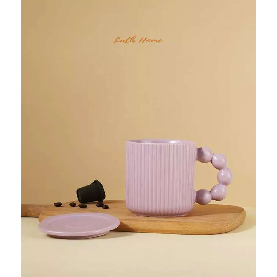 Cốc sứ cao cấp Macaron quai bong bóng kèm nắp