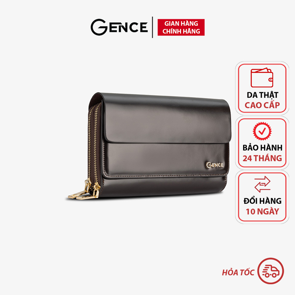 Ví clutch da nam cầm tay công sở chính hãng Gence da bò Box màu nâu có 2 khóa HT01 bảo hành 24 tháng