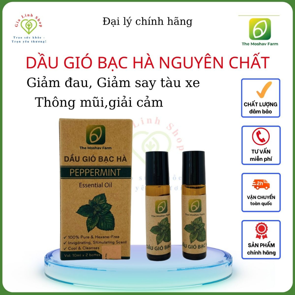 Dầu Gió Bạc Hà Nguyên Chất The Moshav Farm Thông Mũi Giảm Đau Đầu, Say Xe, Cảm Lạnh, Đau Nhức Xương Hộp 2 chai 10ml