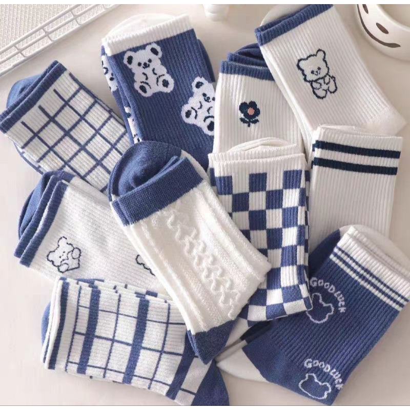 Set 5 đôi tất vớ xanh cao cổ họa tiết gấu phối màu trẻ trung trendy hàng đẹp giá rẽ mẫu mới hot hit