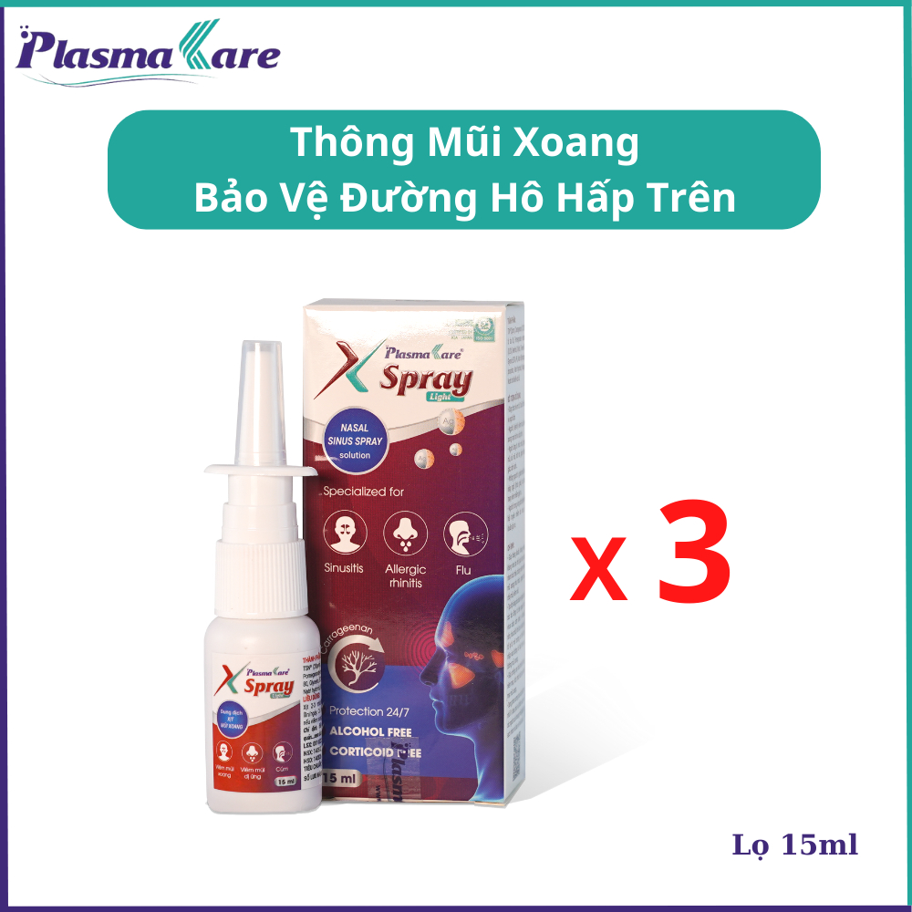 Combo 3 Xịt mũi xoang PlasmaKare X-Spray Light 15ml - Thông mũi, sạch xoang, an toàn đường thở