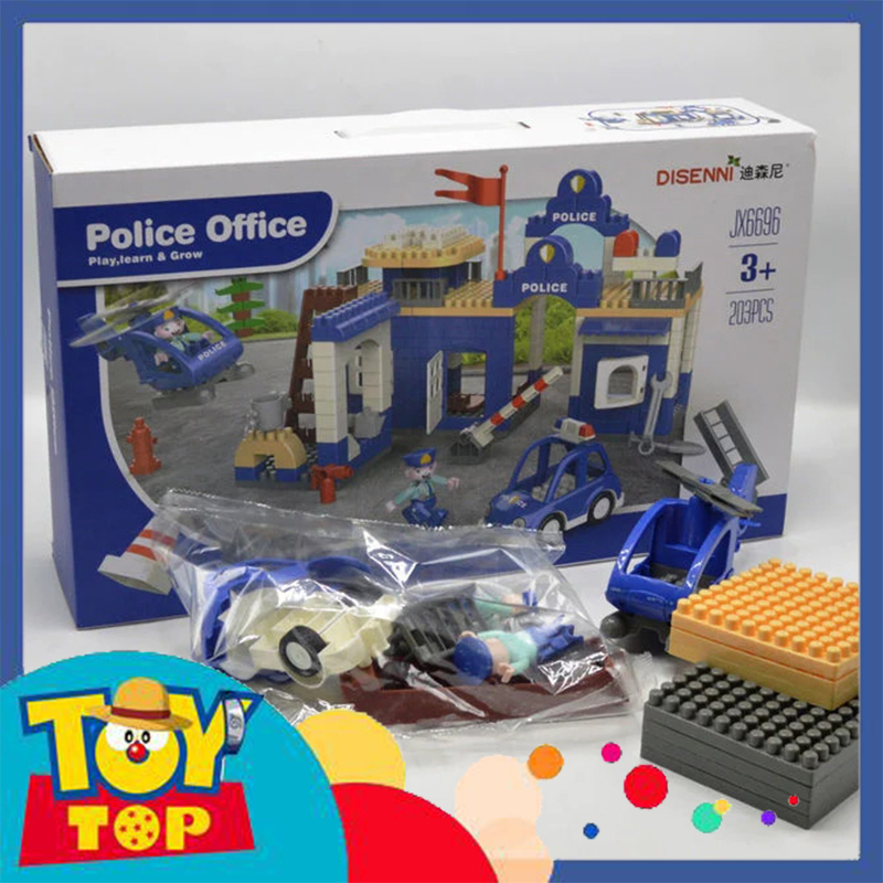 Đồ chơi lắp ráp tiền đồn cảnh sát trạm tư lệnh với ô tô và máy bay gạch to xếp hình Disenni JX6696 với 203 mảnh ghép