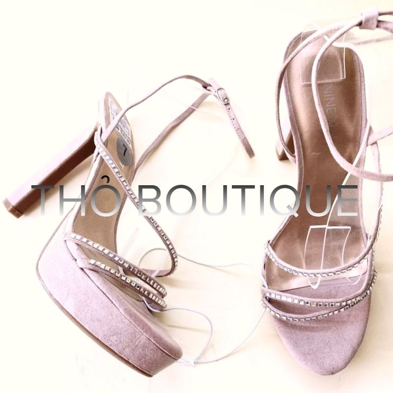 Giày sandal cao gót NINE WEST da lộn nude dây mảnh chéo đính đá đế kép gót nhọn 13cm size 36 37 38 39