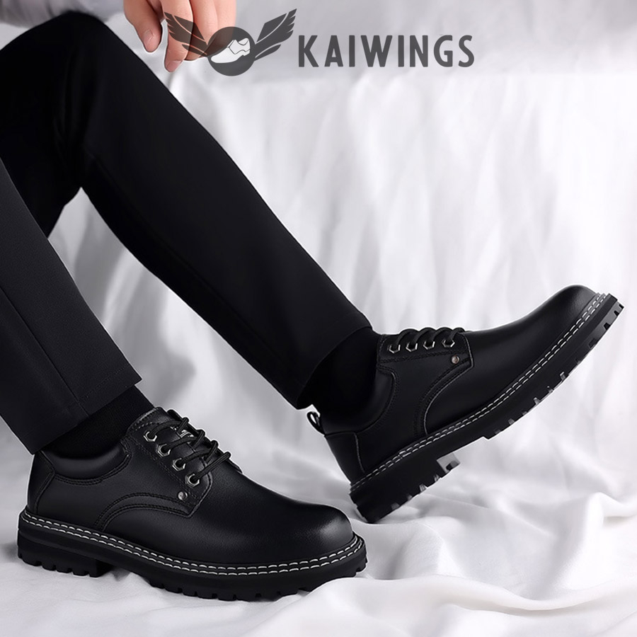 Giày Nam Đen Hàn Quốc Buộc Dây Da Trơn Đẹp KAIWINGS Giày Đốc Nam Cổ Ngắn Phong Cách GD84