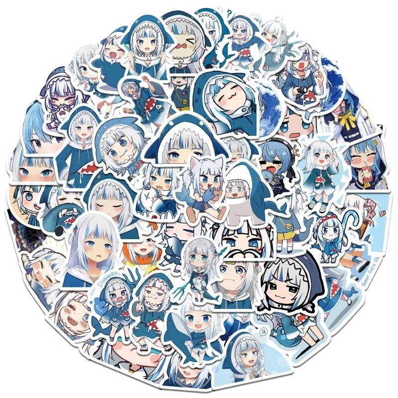 Set combo 50 miếng dán sticker anime Hololive Gawr Gura dán nón mũ bảo hiểm laptop vali sổ tay đàn guitar điện thoại
