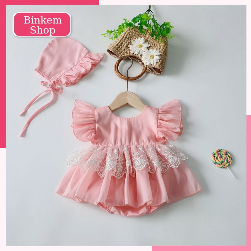 Body váy hồng tơ bún ánh nhũ siêu mềm lót lụa phối ren kèm mũ cho bé gái sơ sinh - 12 tháng