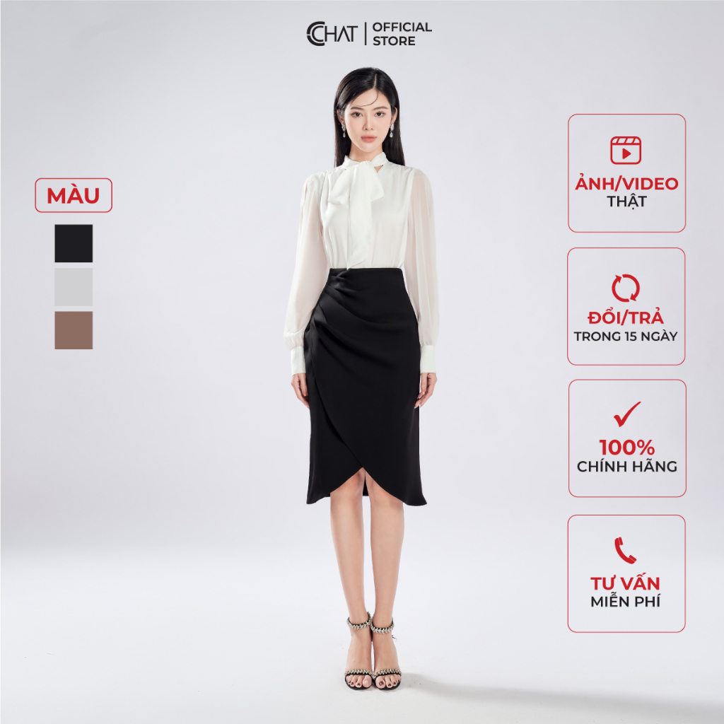 Chân Váy 𝐂𝐂𝐇𝐀𝐓 Tà Chồng Xếp Lệch Chất Tuytsi Cao Cấp 13CDS2001OT