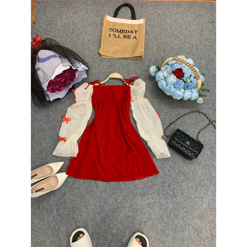 Váy nhung đính nơ dài tay, chất liệu tơ nến may bồng đính nơ tiểu thư Có khoá lưng tEM mác như hàng shop