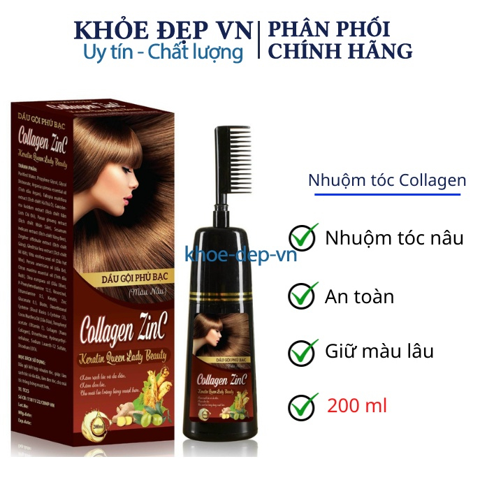 Dầu gội phủ bạc Collagen ZinC Hàn Quốc , Giúp Nhuộm nâu tóc, dưỡng tóc bóng mượt - chai 200ml