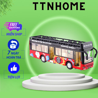 Mô hình ô tô xe buýt 2 tầng bằng sắt đồ chơi trẻ em tỉ lệ 1:32 có âm thanh và đèn khi mở cửa