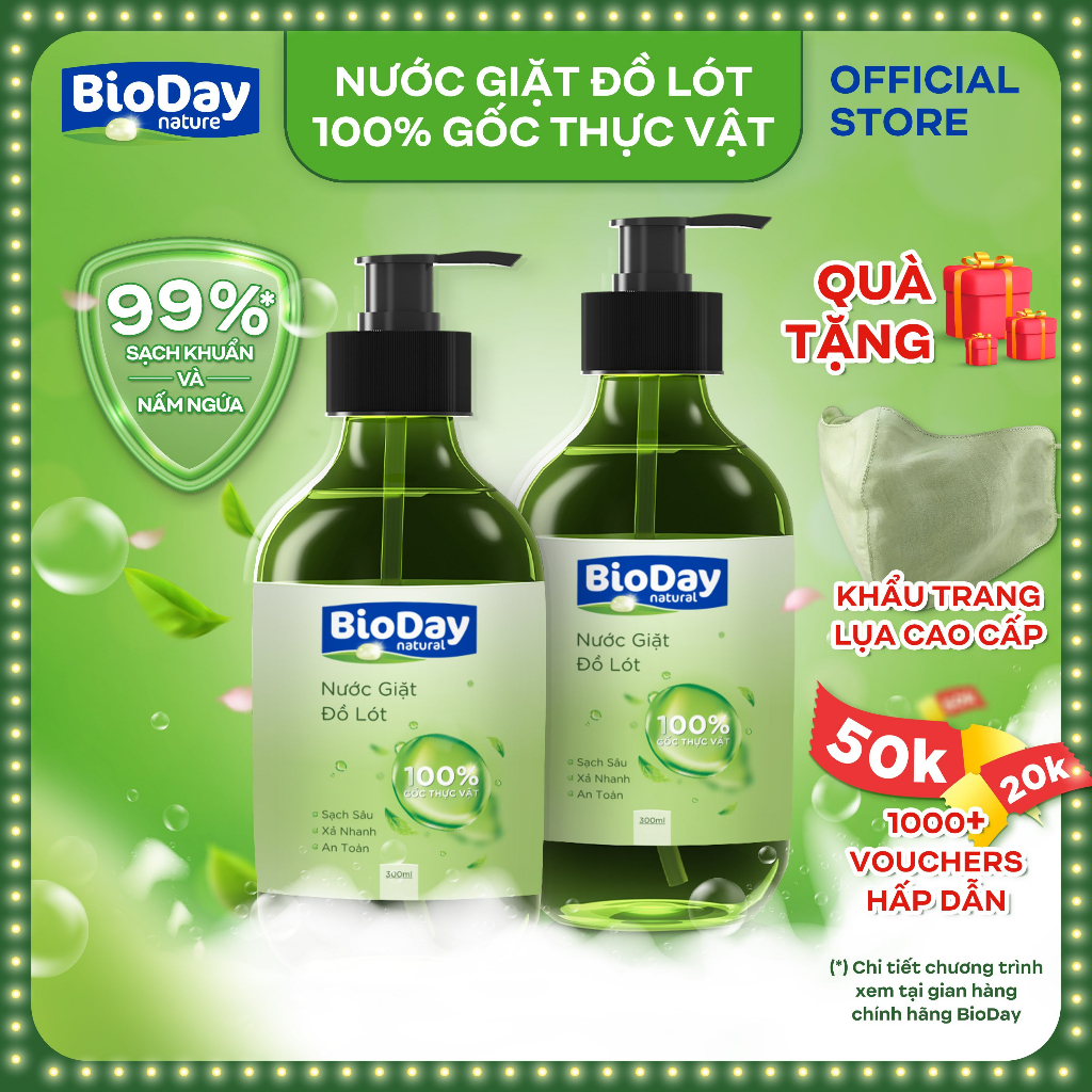 Nước giặt đồ lót BioDay 100% gốc thực vật, 300ml, pH 6.24, sạch khuẩn và nấm phụ khoa Candida, an toàn, xả nhanh