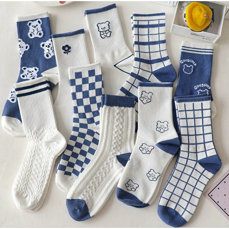 Set 5 đôi tất vớ xanh cao cổ họa tiết gấu phối màu trẻ trung trendy hàng đẹp giá rẽ mẫu mới hot hit