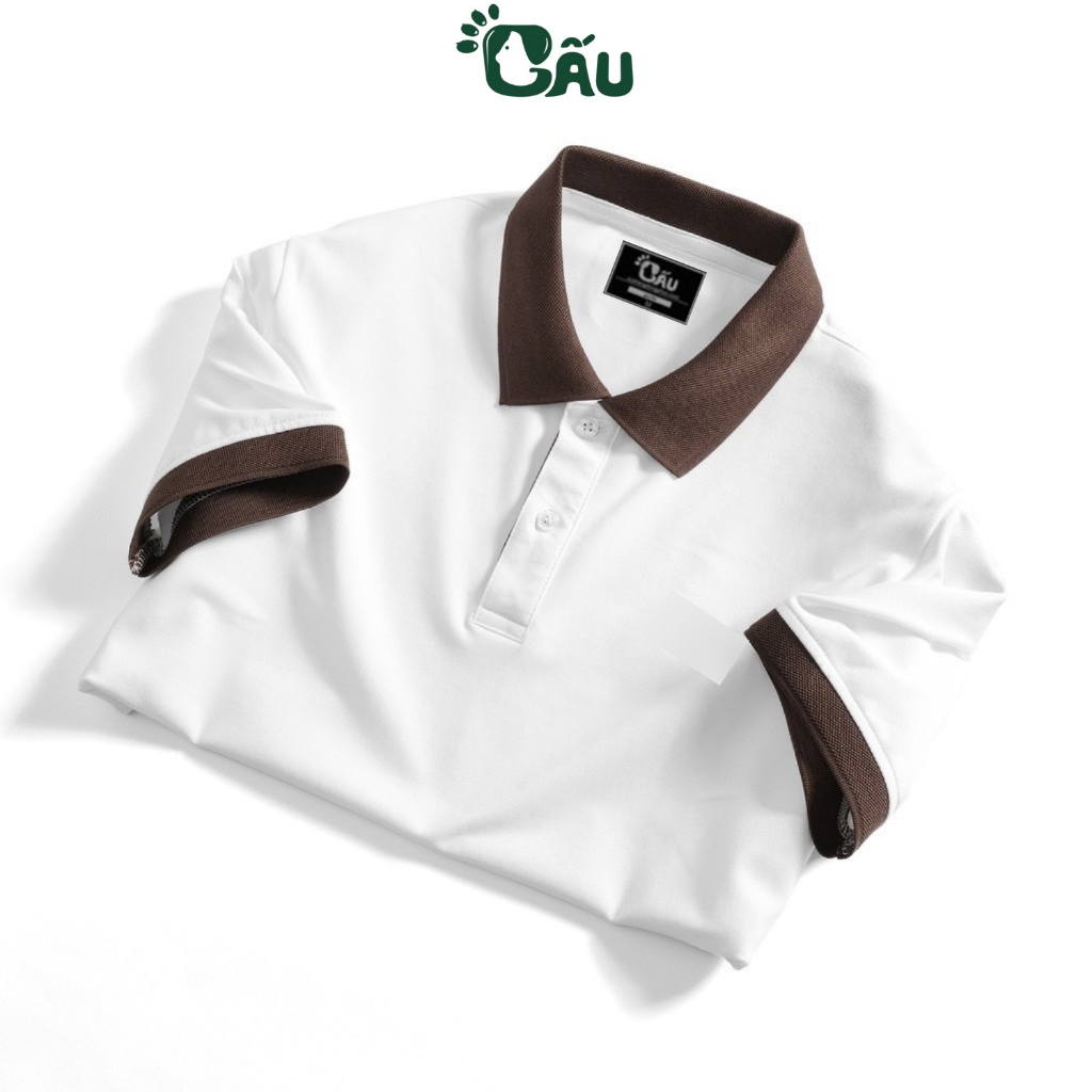 Áo thun Polo GẤU 194 Trơn Unisex vải cá sấu Poly co dãn 4 chiều dày dặn form gerular fit - PL Trắng Phối Nâu - 1335