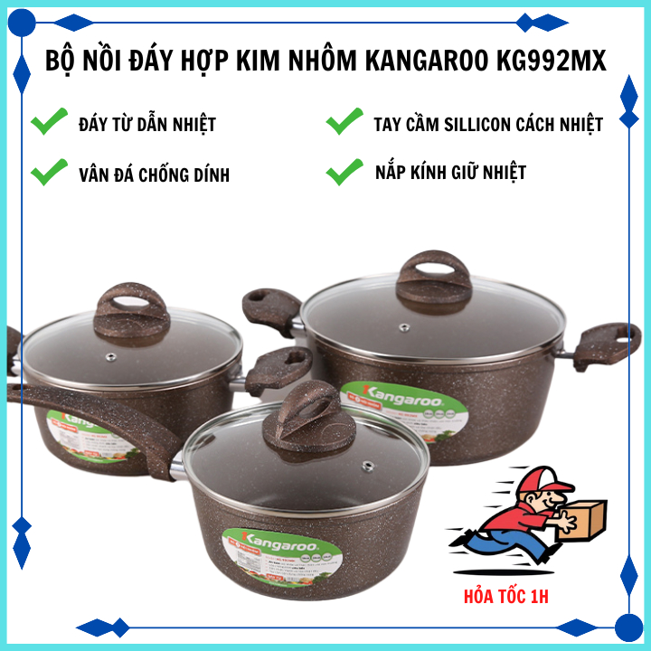 Bộ nồi 3 chiếc hợp kim nhôm đáy từ cao cấp Kangaroo KG992MX