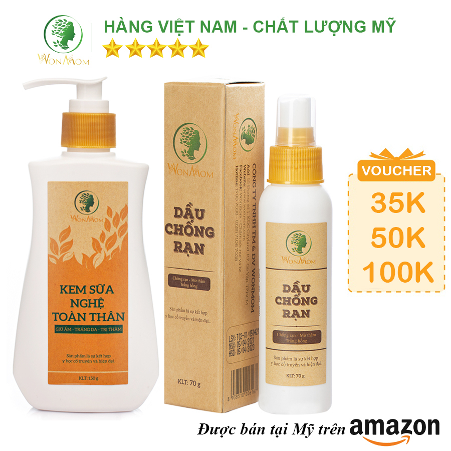 [ Giảm 35K - Đơn 339K ] Bộ đánh bay thâm rạn, dưỡng trắng toàn thân Wonmom ( 1 Dầu rạn + 1 Kem sữa nghệ toàn thân )