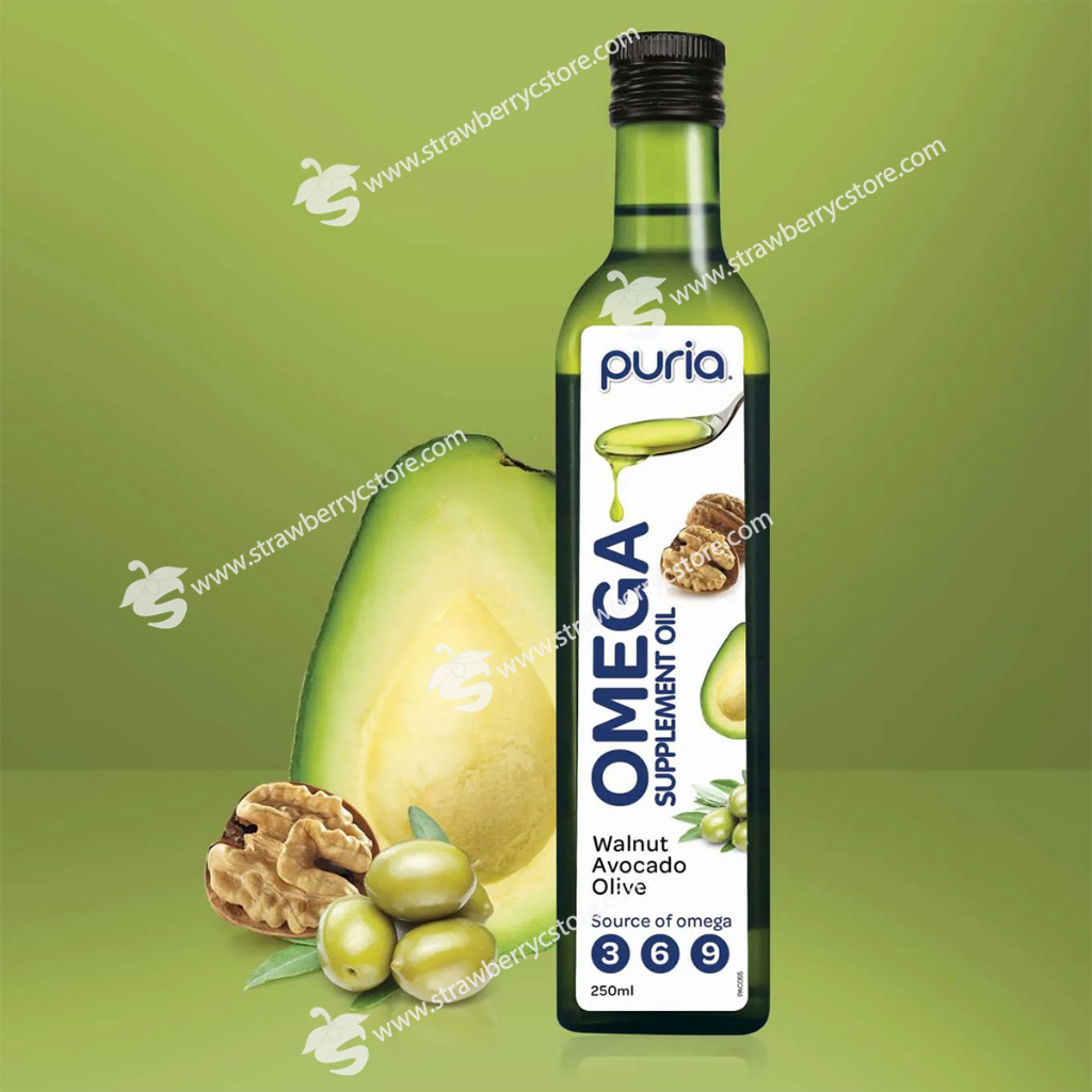 Hỗn hợp Dầu Thực Vật Bao Gồm Quả Bơ, Hạt Óc Chó, Dầu Oliu Bổ Sung Omega 3, 6, 9 Puria Omega Supplement Oil, Chai 250 mL