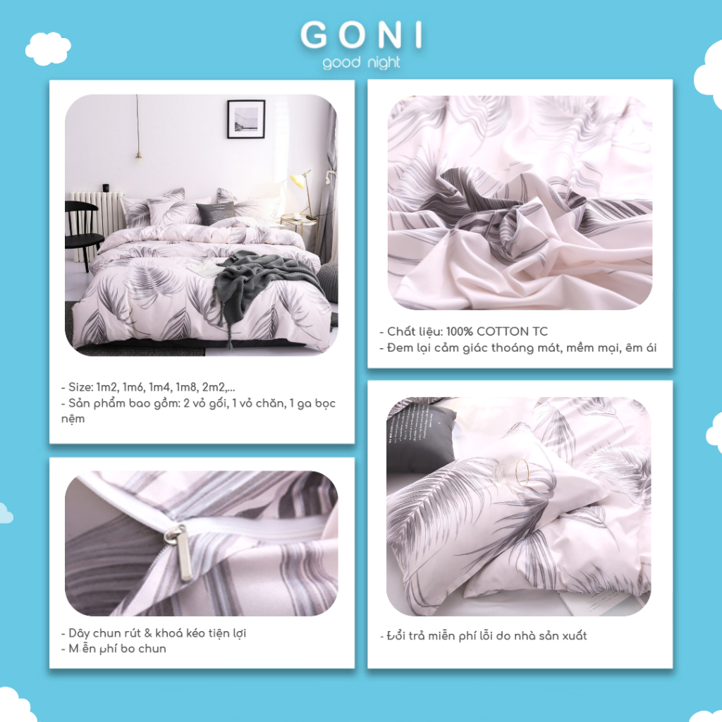 Bộ Chăn Ga Gối Cotton Tici GONI Họa Tiết Lá Cọ Nền Trắng Ánh Hồng Drap Giường Đủ Kích Thước Trải Nệm Không Kèm Ruột