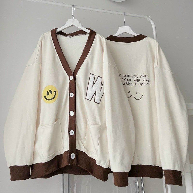 Áo khoác Cardigan phối viền nâu, áo khoác nỉ mềm mịn nam nữ chữ W