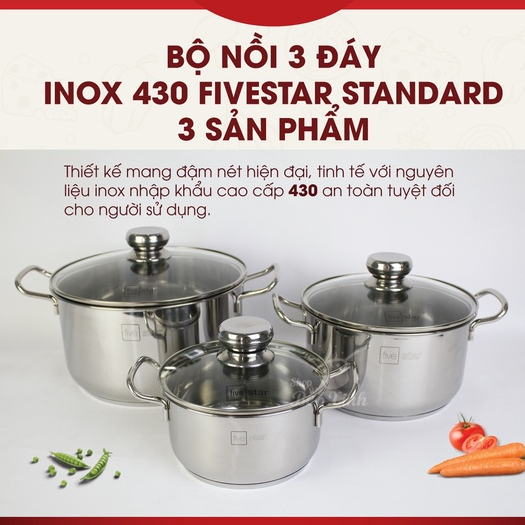 Bộ nồi xửng hấp inox 430 cao cấp Fivestar Standard 4 món nắp kính tặng 5 muỗng ăn , 3 đáy dùng được mọi bếp